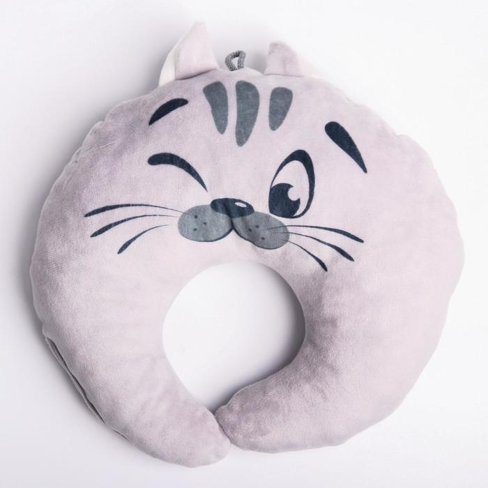 Подушка дорожная детская для путешествий «Котенок», рогалик, цвет серый Подушка дорожная детская для путешествий «Котенок», рогалик, цвет серый