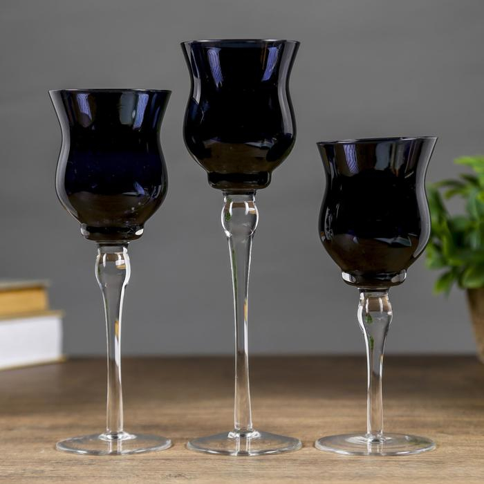 Подсвечник стекло набор 3 шт Подсвечник стекло набор 3 шт "Вуаль" высота 26см, 23 см, 20 см чёрный