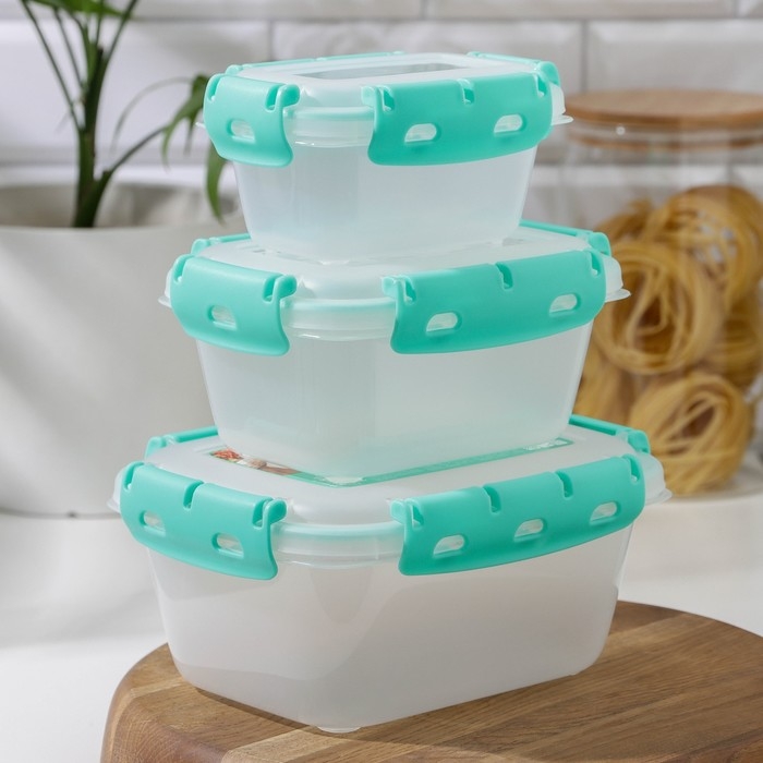 Набор пищевых герметичных контейнеров, 3 шт: 380 мл, 0,8 л, 1,5 л, прозрачные, крышка голубая Набор пищевых герметичных контейнеров, 3 шт: 380 мл, 0,8 л, 1,5 л, прозрачные, крышка голубая