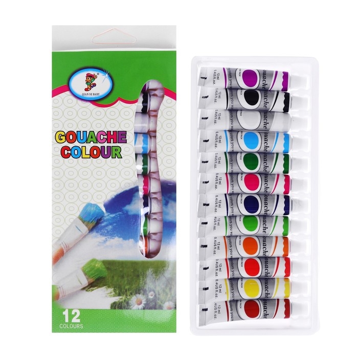 Краски гуашь, 12 цветов, в пластиковой тубе, 12 мл, в картонной коробке Краски гуашь, 12 цветов, в пластиковой тубе, 12 мл, в картонной коробке