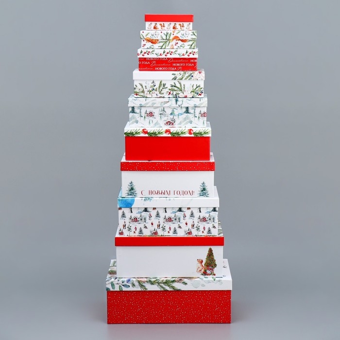 Набор подарочных коробок 10 в 1 &laquo;Новогодняя акварель&raquo;, 12 х 7 х 4 - 32.5 х 20 х 12.5 см, Новый год