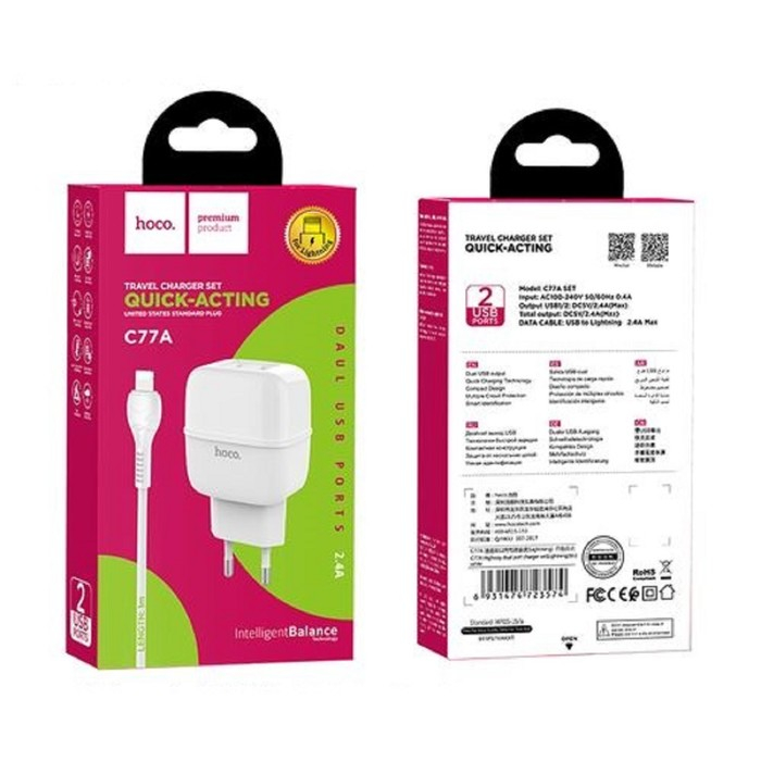 Сетевое зарядное устройство Hoco C77A, 2хUSB, 2.4 А, кабель Lightning, 1 м, белое Сетевое зарядное устройство Hoco C77A, 2хUSB, 2.4 А, кабель Lightning, 1 м, белое