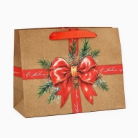 Пакет подарочный новогодний крафтовый вертикальный &laquo;С Новым годом&raquo;, бант, MS 18 х 23 х 10 см, Новый год