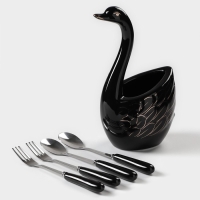 Подставка для столовых приборов «Лебедь», 5 предметов: подставка 9×6,5×16,5 см, 2 ложки, 2 вилки, цвет чёрный Подставка для столовых приборов «Лебедь», 5 предметов: подставка 9×6,5×16,5 см, 2 ложки, 2 вилки, цвет чёрный