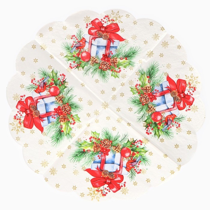 Новогодние салфетки бумажные круглые Art Bouquet Rondo &laquo;Подарок на новый год&raquo;, 3 слоя, d 32 см, 12 шт