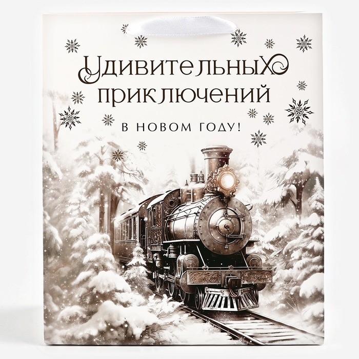 Пакет подарочный новогодний ламинированный &laquo;Зимний лес&raquo;, поезд, тиснение, ML 23 х 27 х 11.5 см , Новый год