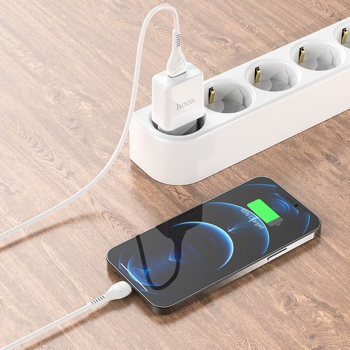 Сетевое зарядное устройство Hoco N9, USB - 2.1 А, кабель Lightning 1 м, белый Сетевое зарядное устройство Hoco N9, USB - 2.1 А, кабель Lightning 1 м, белый