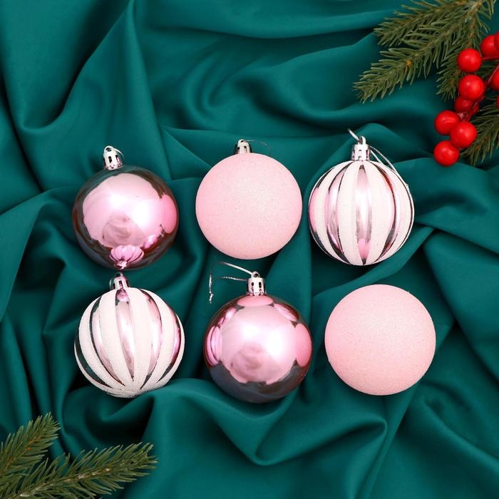 Набор шаров пластик d-6 см, 6 шт Набор шаров пластик d-6 см, 6 шт "Глэдис полосы" бело-розовый