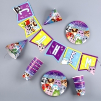 Набор бумажной посуды одноразовый С днём рождения&raquo;, стикеры: 6 тарелок, 1 гирлянда, 6 стаканов, 6 колпаков