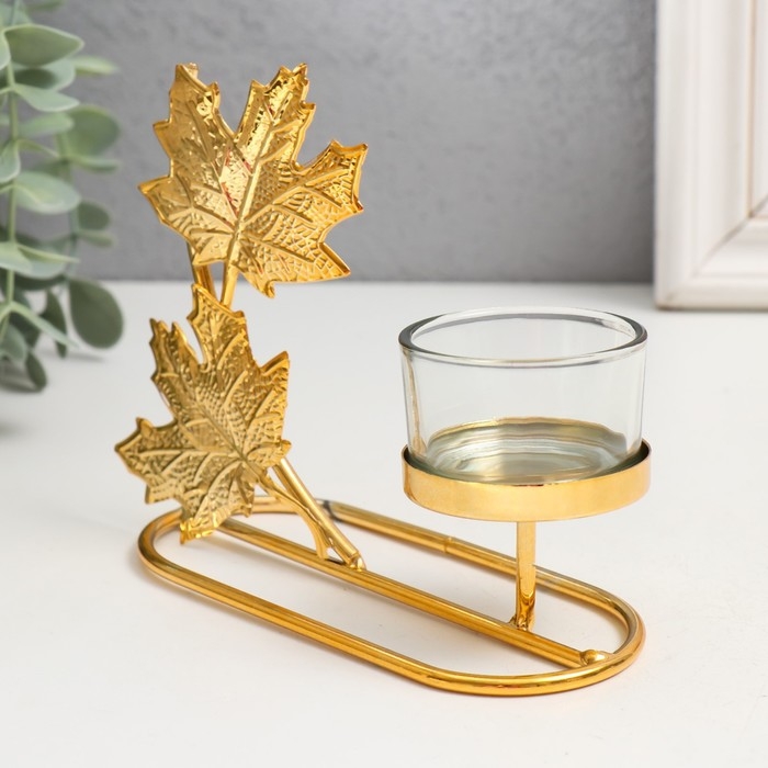 Подсвечник металл на 1 свечу "Кленовые листья" d=4,5 см золото 5,8х13х13 см