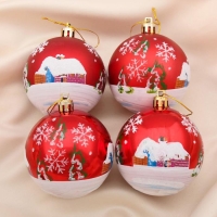 Набор шаров пластик d-7 см, 4 шт "Избушка" красный Набор шаров пластик d-7 см, 4 шт "Избушка" красный