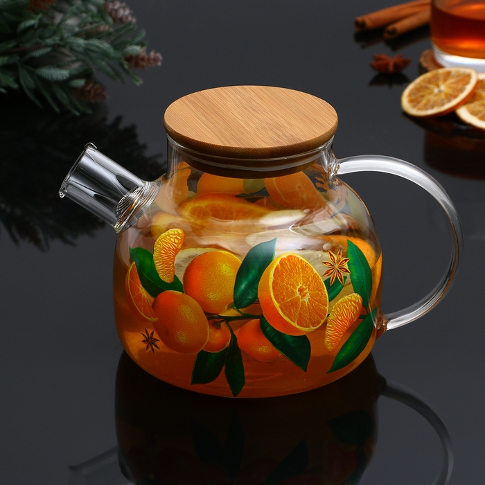 Новый год. Чайник заварочный стеклянный с бамбуковой крышкой &laquo;Аромат праздника&raquo;, 1000 мл