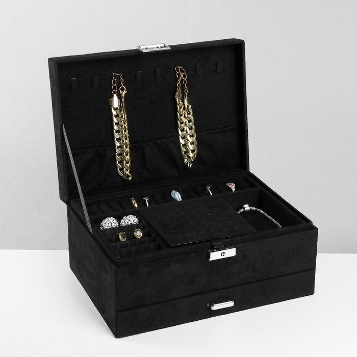 Подставка для украшений &laquo;Шкатулка&raquo; 2-х уровневая, флок, 24,5&times;17&times;12 см, цвет чёрный