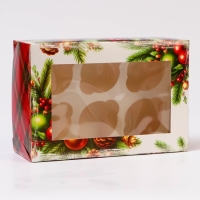 Новый год. Коробка для 6 капкейков с окном "Новогодняя с шишками", 25 х 17 х 10 см, упаковка