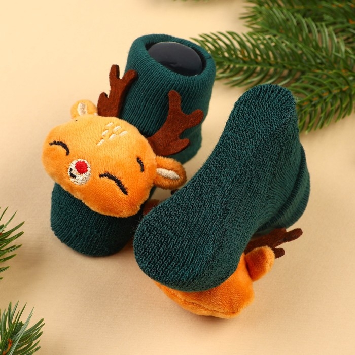 Подарочный набор новогодний: браслетики - погремушки и носочки - погремушки на ножки &laquo;Оленята&raquo;, цвет зеленый, Крошка Я