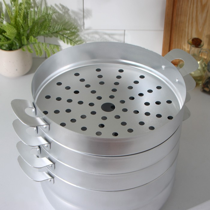 Манты-казан алюминиевый, 6 л, с 3 сетками, d=22 см, высота секции 5 см, металлическая крышка Манты-казан алюминиевый, 6 л, с 3 сетками, d=22 см, высота секции 5 см, металлическая крышка