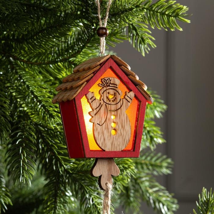 Ёлочная игрушка &laquo;Домик со снеговиком&raquo;, от батареек, свечение тёплое белое