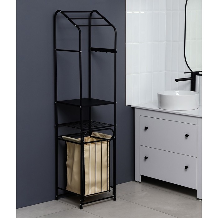 Стеллаж с корзиной для белья и перекладинами, 2-х ярусный, 38&times;35&times;160 см, цвет чёрный
