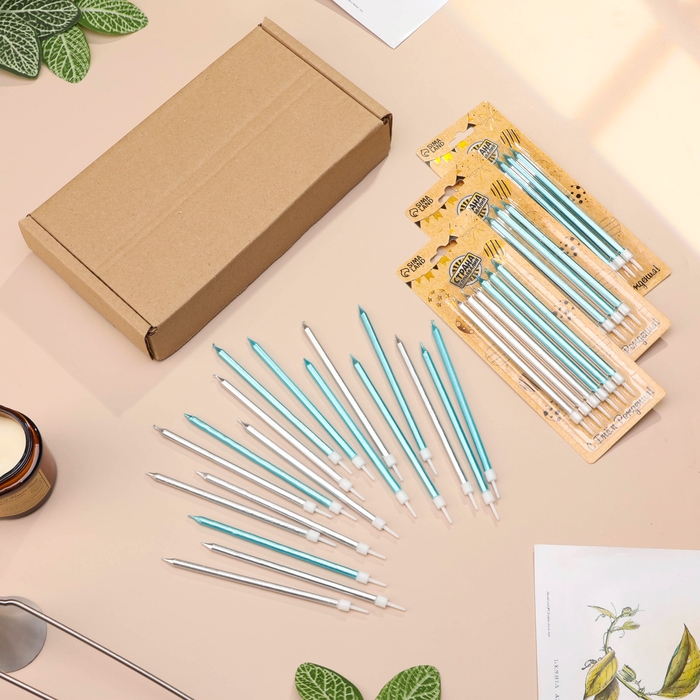 Свечи в торт "Ройс",13 см, высокие, 18 шт, серебряные и голубые