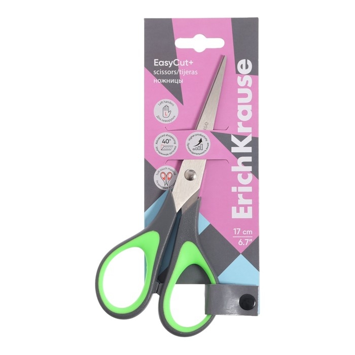 Ножницы ErichKrause EasyCut+, 17 см, для левшей, антискользящие резиновые вставки, европодвес,МИКС Ножницы ErichKrause EasyCut+, 17 см, для левшей, антискользящие резиновые вставки, европодвес,МИКС
