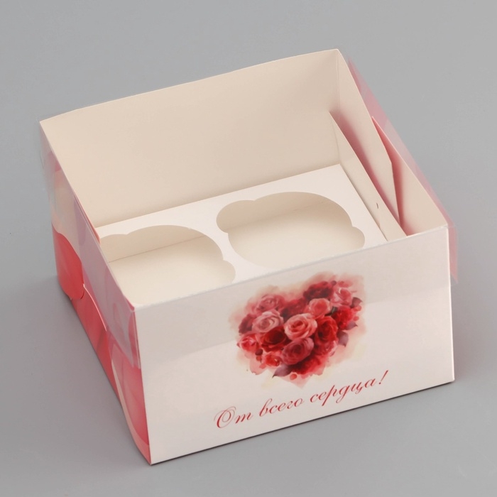 Коробка для 4 капкейка с прозрачной крышкой, Коробка для 4 капкейка с прозрачной крышкой, "Сердечки", 16 × 16 × 10 см, кондитерская упаковка