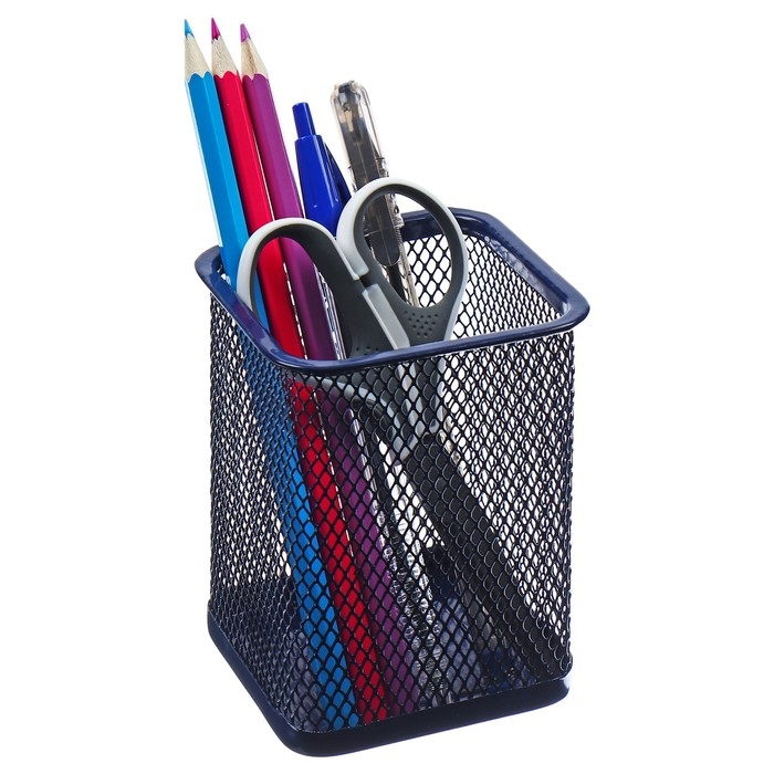 Стакан для пишущих принадлежностей, квадратный, металлическая сетка, синий Стакан для пишущих принадлежностей, квадратный, металлическая сетка, синий