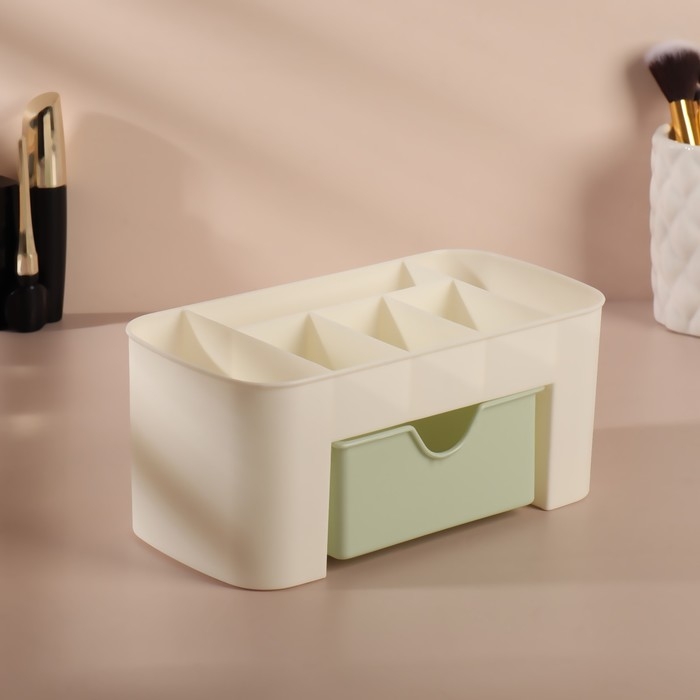 Органайзер для хранения, 6 секций, с ящиком, 21 &times; 10,5 &times; 9 см, цвет бежевый/зелёный