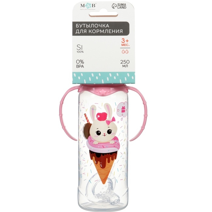 Бутылочка для кормления &laquo;Зайка, пончик&raquo;, классическое горло, 250мл., от 3 мес., цилиндр, с ручками