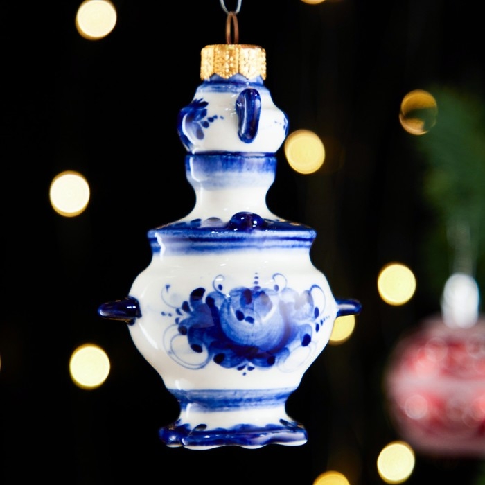 Ёлочная игрушка "Самовар с чайником",  гжель, фарфор, h=10см