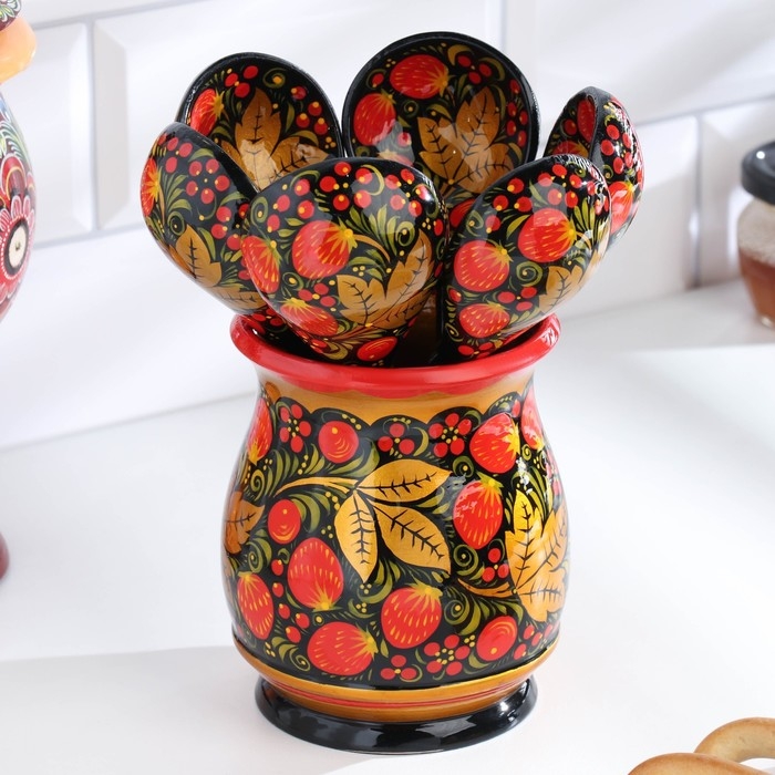 Набор &laquo;Хозяюшка&raquo;, 6 ложек и ваза, 13&times;9 см, хохлома