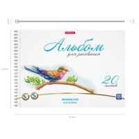 Альбом для рисования А4, 20 листов на спирали, Erich Krause Birds, блок 120 г/м&sup2;, 100% белизна, перфорация для отрыва, твёрдая подложка