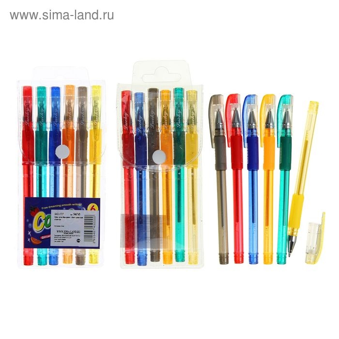 Набор гелевых ручек, 6 цветов, с блёстками, с резиновым держателем, в блистере Набор гелевых ручек, 6 цветов, с блёстками, с резиновым держателем, в блистере