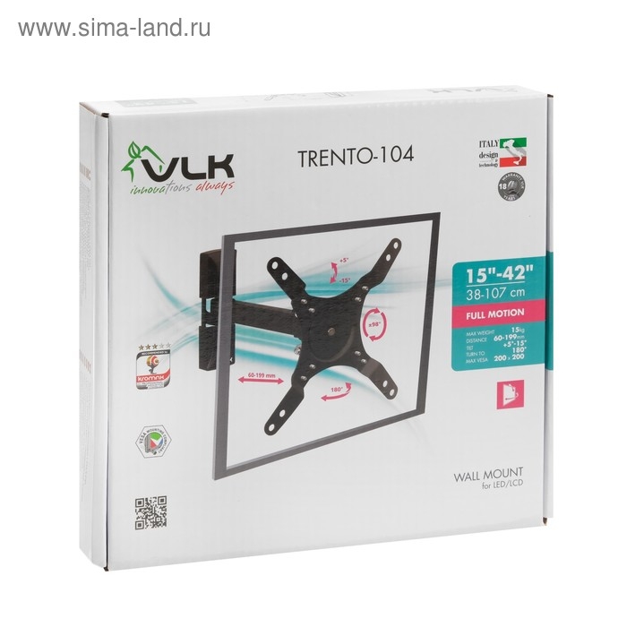 Кронштейн VLK TRENTO-104, для ТВ, наклонно-поворотный, 15-42 Кронштейн VLK TRENTO-104, для ТВ, наклонно-поворотный, 15-42", 65-203 мм от стены, черный