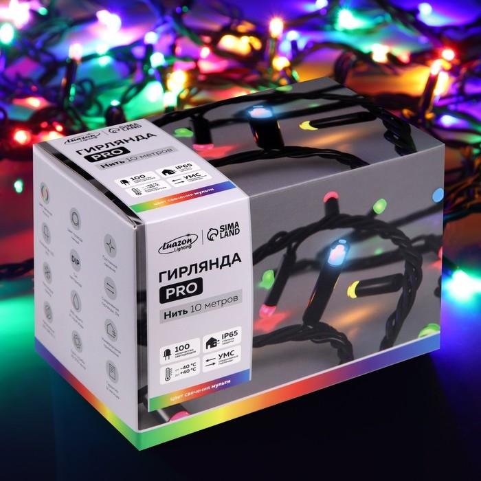 Гирлянда «Нить» 10 м, IP65, УМС, тёмная каучуковая нить, 100 LED, свечение мульти, 220 В Гирлянда «Нить» 10 м, IP65, УМС, тёмная каучуковая нить, 100 LED, свечение мульти, 220 В