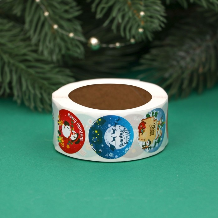 Новый год. Наклейки новогодние в рулоне "Весёлый новый год", 500 шт, 2,5 х 2,5 см.