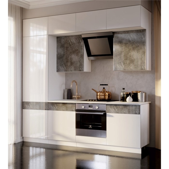 Кухня трехуровневая под потолок 2400 Престиж, Белый глянец/Мрамор глянец