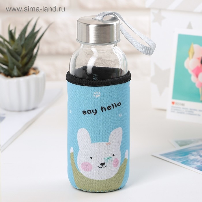 Бутылка для воды стеклянная в чехле &laquo;Милые животные&raquo;, 300 мл, h=17 см, рисунок МИКС