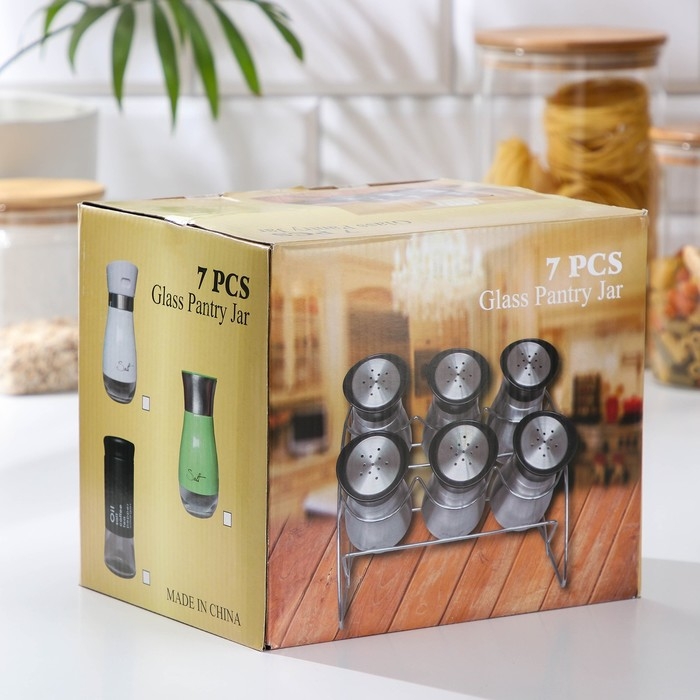 Набор банок стеклянных для сыпучих продуктов «Стиль», 20×16×17 см, на подставке, 6 шт, цвет МИКС Набор банок стеклянных для сыпучих продуктов «Стиль», 20×16×17 см, на подставке, 6 шт, цвет МИКС