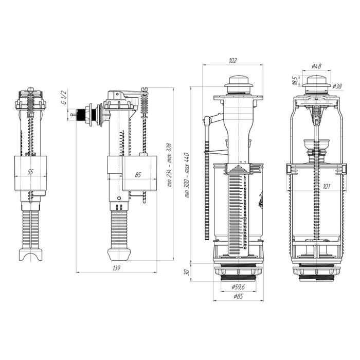 Арматура для смывных бачков "АНИ Пласт" WC8010C, с боковой подводкой 1/2", кнопка хром