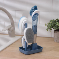 Набор для чистки посуды Raccoon &laquo;Практик&raquo;, ручка-дозатор, 4 щётки, держатель-стойка, цвет синий