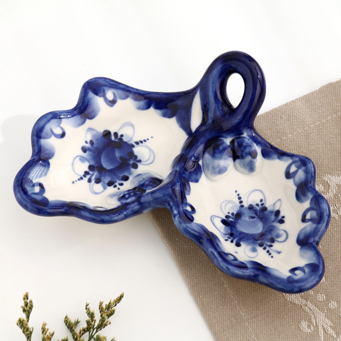 Блюдце для оливок "Дубок", гжель, фарфор, 15х11 см