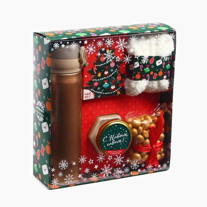 Подарочный набор «Веселья в новом году»: чай со вкусом лесных ягод 50 г., крем-мед хлопковый 120 г., арахис в шоколадной глазури, 100 г., носки р-р: 36–39, термос 500 мл. Подарочный набор «Веселья в новом году»: чай со вкусом лесных ягод 50 г., крем-мед хлопковый 120 г., арахис в шоколадной глазури, 100 г., носки р-р: 36–39, термос 500 мл.