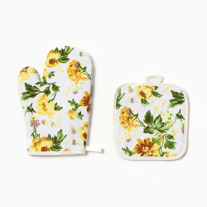 Кухонный набор 2 пр. Доляна Цветы желт. прихватка 17*17см, Варежка-прихватка 26*16см,100%хл