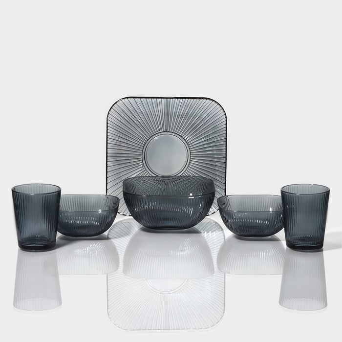 Набор стеклянной посуды «Мави», 6 предметов: 2 миски 350 мл, 2 стакана 250 мл, салатник 800 мл, тарелка d=20,8 см, цвет серый Набор стеклянной посуды «Мави», 6 предметов: 2 миски 350 мл, 2 стакана 250 мл, салатник 800 мл, тарелка d=20,8 см, цвет серый