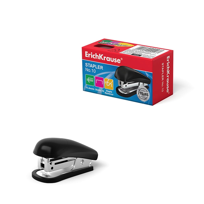 Степлер №10, ErichKrause, до 15 листов, компактный, встроенный антистеплер, микс Степлер №10, ErichKrause, до 15 листов, компактный, встроенный антистеплер, микс