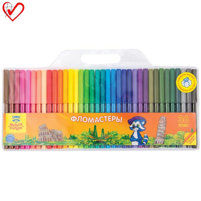 Фломастеры 36 цветов Мульти-Пульти Фломастеры 36 цветов Мульти-Пульти "Енот в Италии", смываемые, вентилируемый колпачок, в блистере