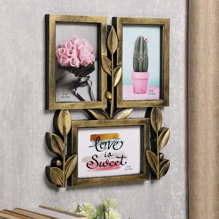 Фоторамка пластик на 3 фото 10х15 см Фоторамка пластик на 3 фото 10х15 см "Росток" тёмное золото 31,5х26х2 см