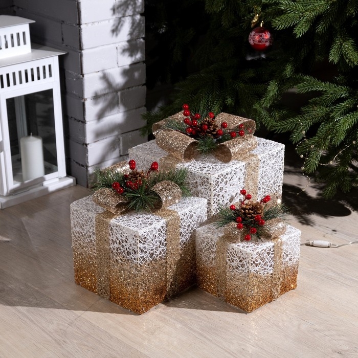 Светодиодная фигура &laquo;Бежевые подарки&raquo; 15, 20, 25 см, текстиль, металл, 220 В, свечение тёплое белое