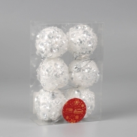 Набор шаров пластик d-6 см, 6 шт "Альваро" пайетки, белый