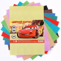 Картон цветной с блёстками, А4, 10 листов, 10 цветов, немелованный, односторонний, в пакете, 250 г/м², Тачки Картон цветной с блёстками, А4, 10 листов, 10 цветов, немелованный, односторонний, в пакете, 250 г/м², Тачки